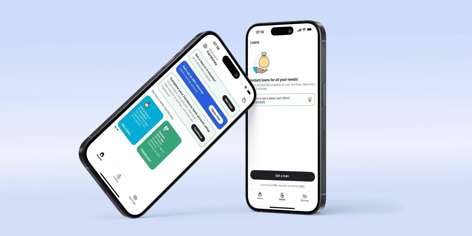Two smartphones displaying the FairMoney app in use