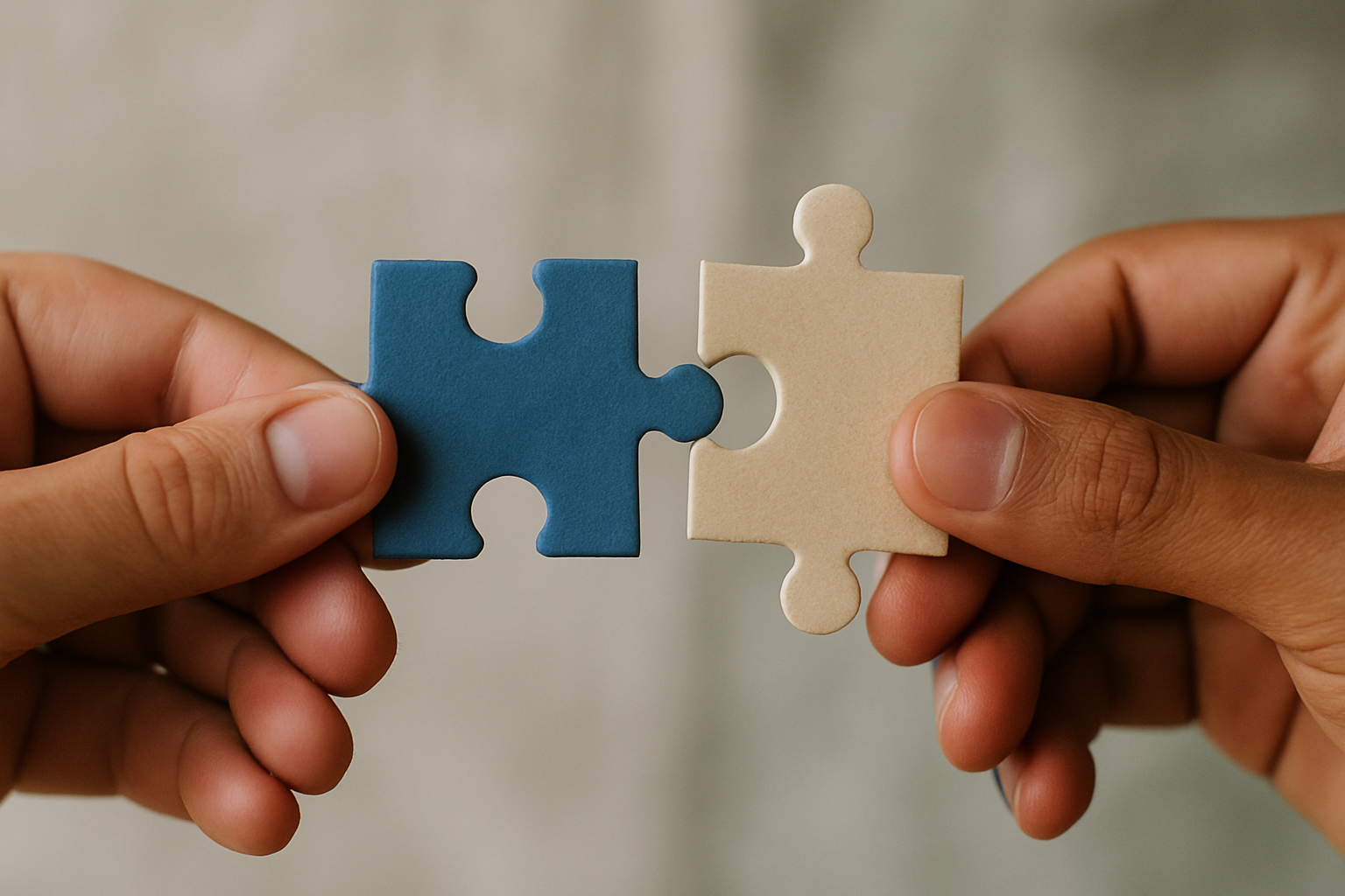 the image shows two different hands that combine two pices of puzzles puzzles are in 2 different colors picture looks real-3